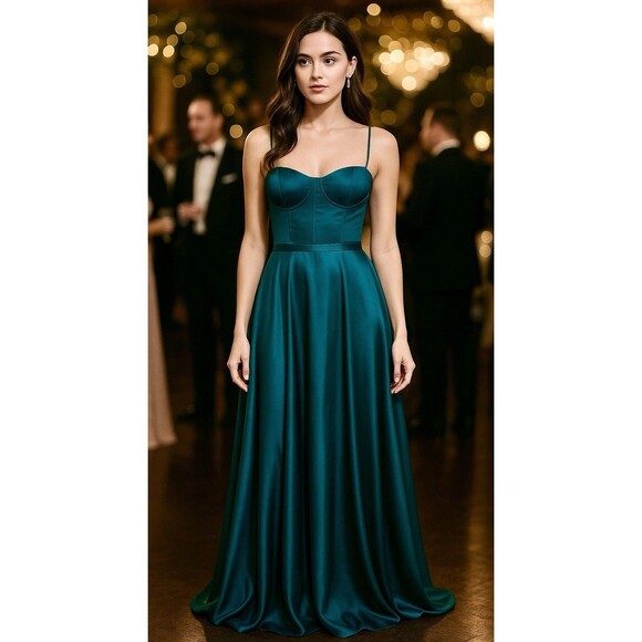 Galena Signature Teal Satin Maxi Spaghetti Strap Corset Bodice Flowy A-Line Sz 2 - Picture 2 of 8